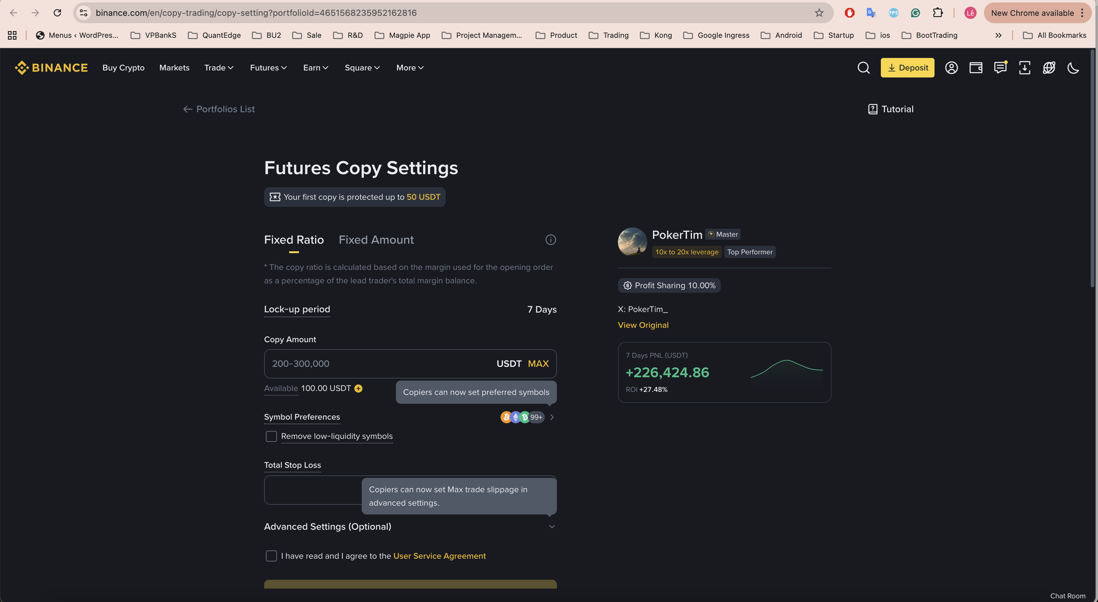 Futures Copy Settings - Fixed Ratio form