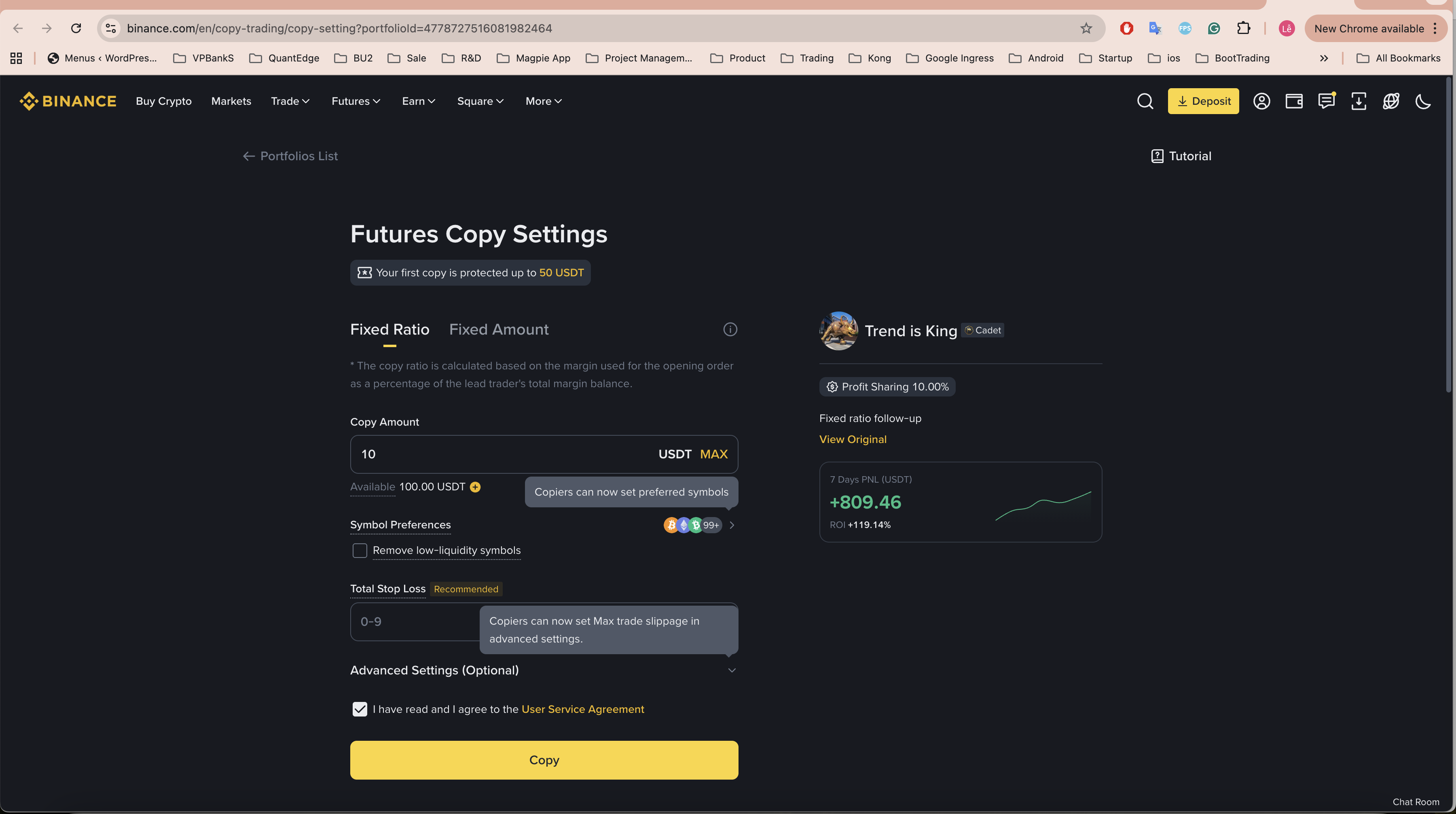 Điền 10 USDT, tích checkbox, nhấn Copy